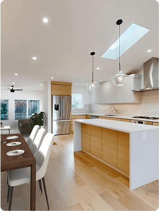Beautiful kitchen remodel with wooden cabinets and island in San Jose.