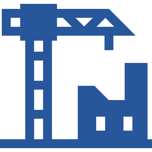 Blue construction crane and building icon.