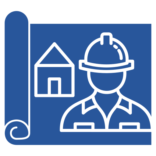 Blueprint icon with house and worker.