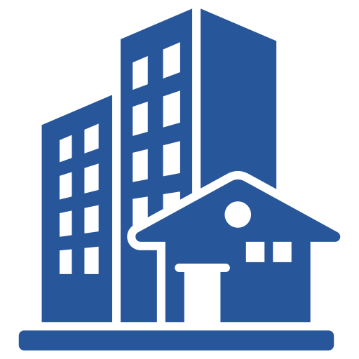 Icon of buildings and a house silhouette.