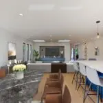 Dining room and kitchen overlooking living room in Cambrian San Jose remodel