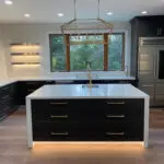 Los Altos Hills kitchen remodel island with LED lighting, gold fixtures, and marble countertop