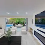 Family room with patio view in Sunnyvale open-concept home remodel