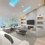Bright living room in West San Jose home addition with high gable ceiling
