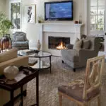 Family room fireplace with marble surround in Vintage Oaks Menlo Park remodel