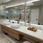morgan hill master bathroom remodel with floating dual sink and LED backlit mirror
