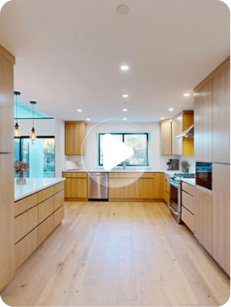 Bay Area modern kitchen with wooden cabinets and new flooring.