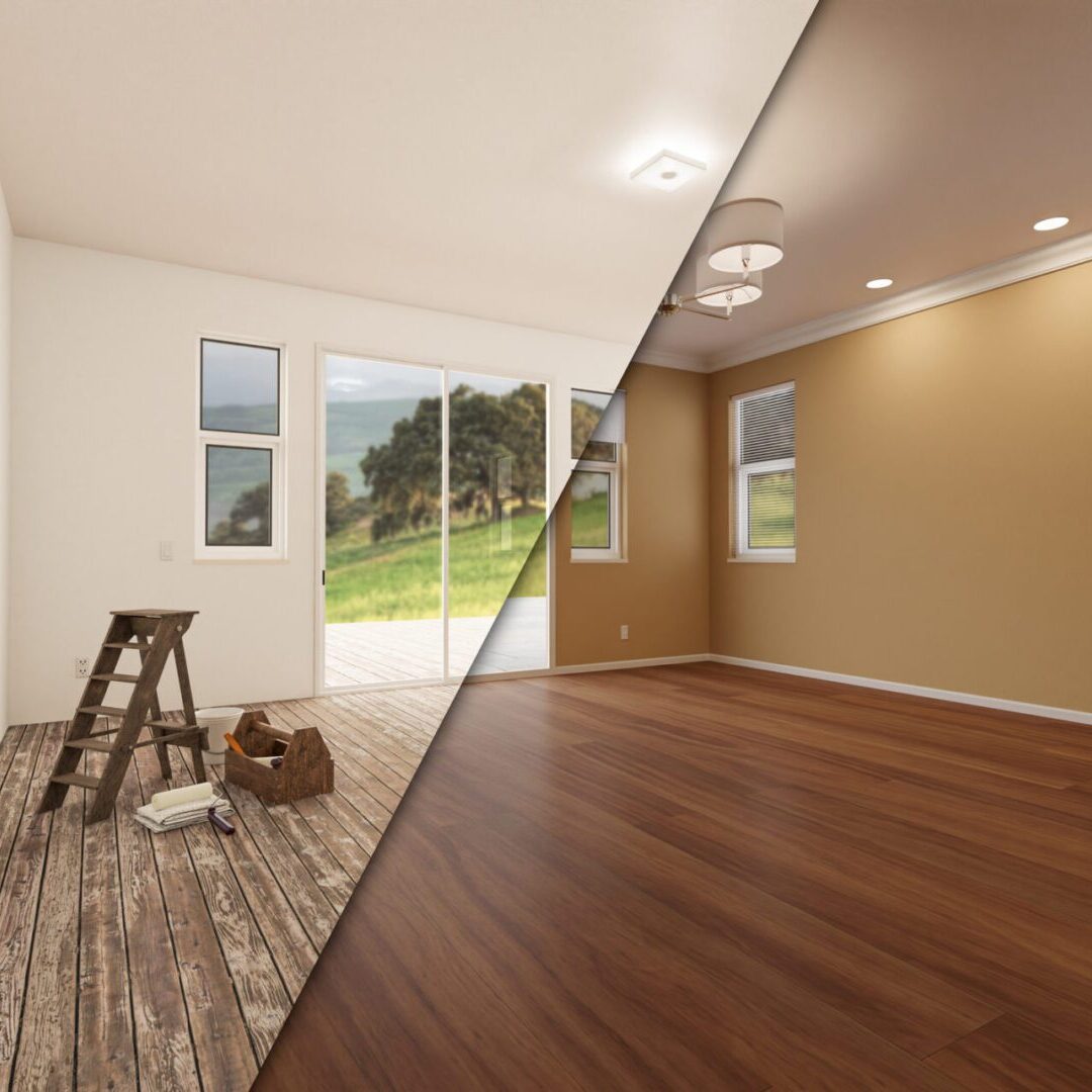 Room transformation from renovation to completion.